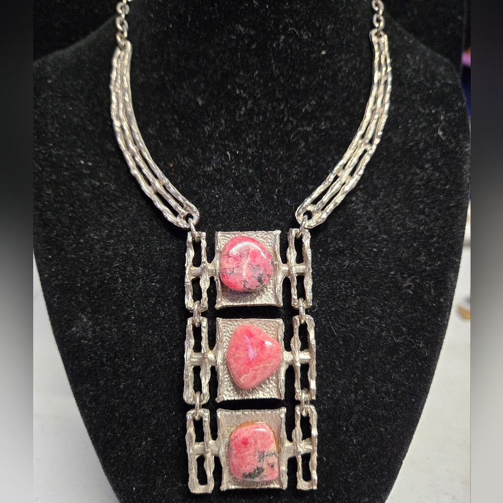 Vntg Designer Silvertone and Rhodonite Stone Necklace 17" w/3" Pendant Drop